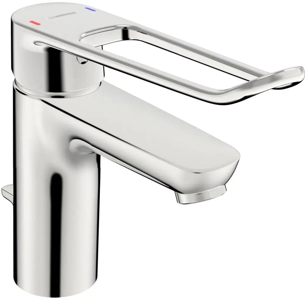 HANSATYP Waschtischbatterie mit integrierter Ablauffunktion. Langstieliger Bügelhebel und digitale Wassersteuerung. Oberfläche in Chrom.